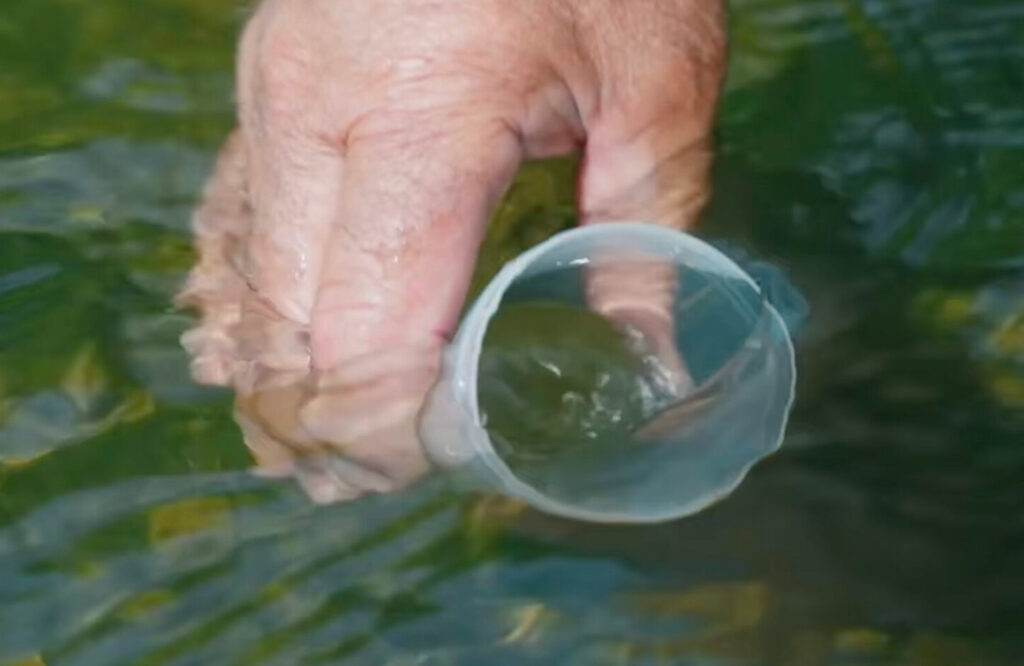 Hand collecting a water sample from a stream using a clear sampling container as part of freshwater monitoring.